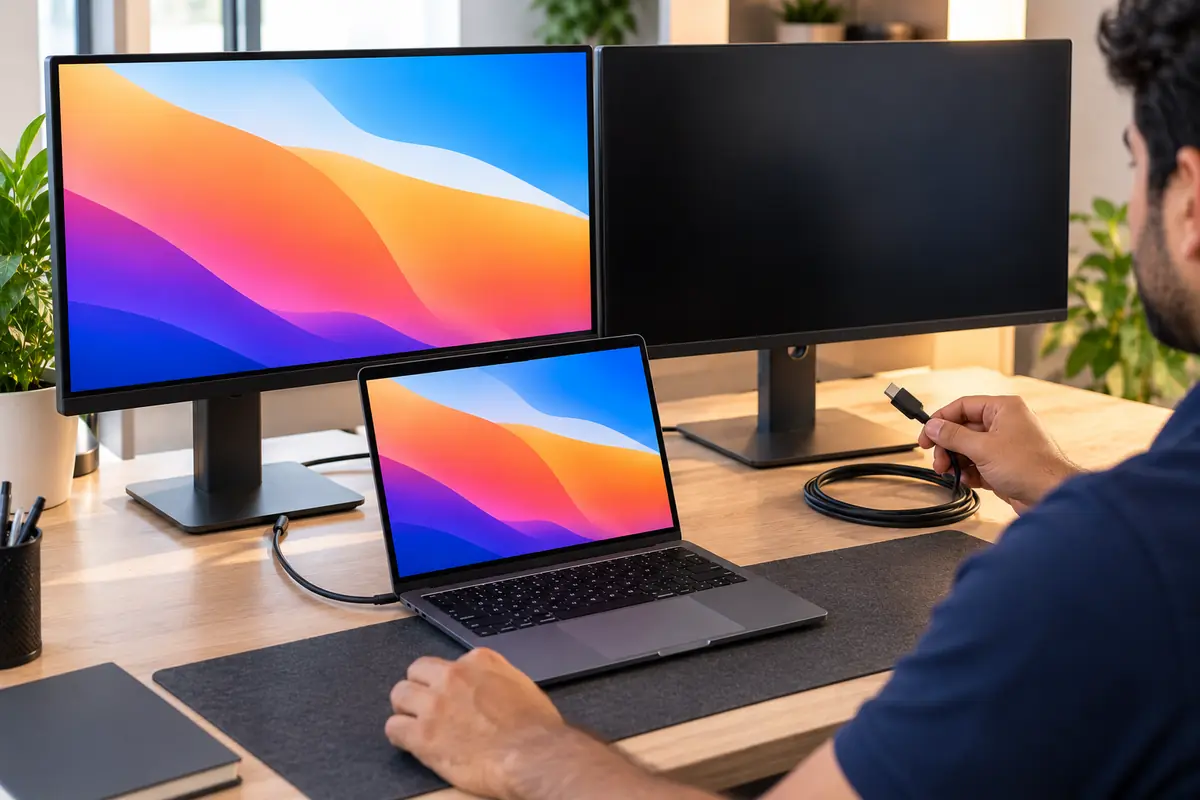 Testing one external monitor alone on its own cable to isolate a MacBook Pro dual-display fault