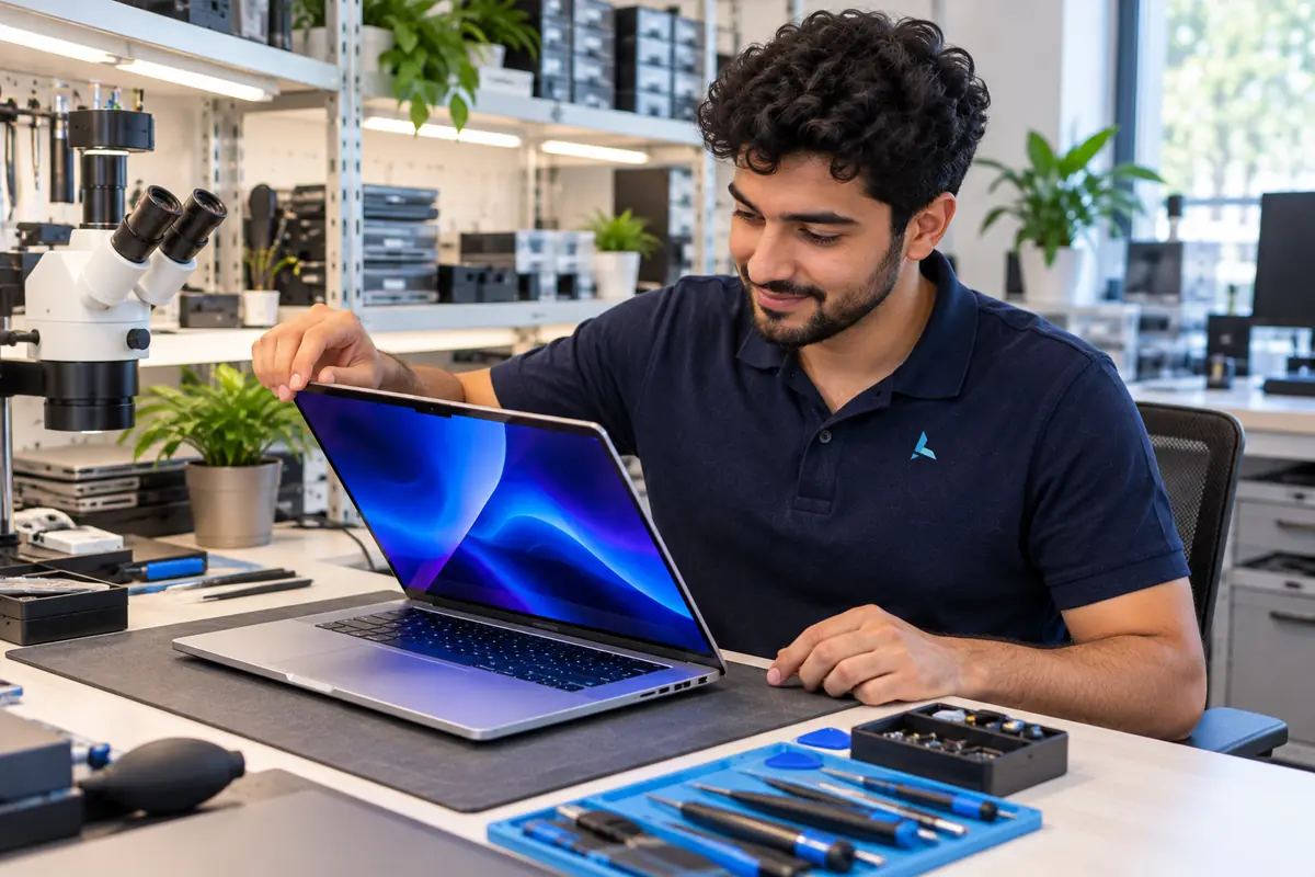 A technician opening a freshly repaired professional laptop as its screen lights up