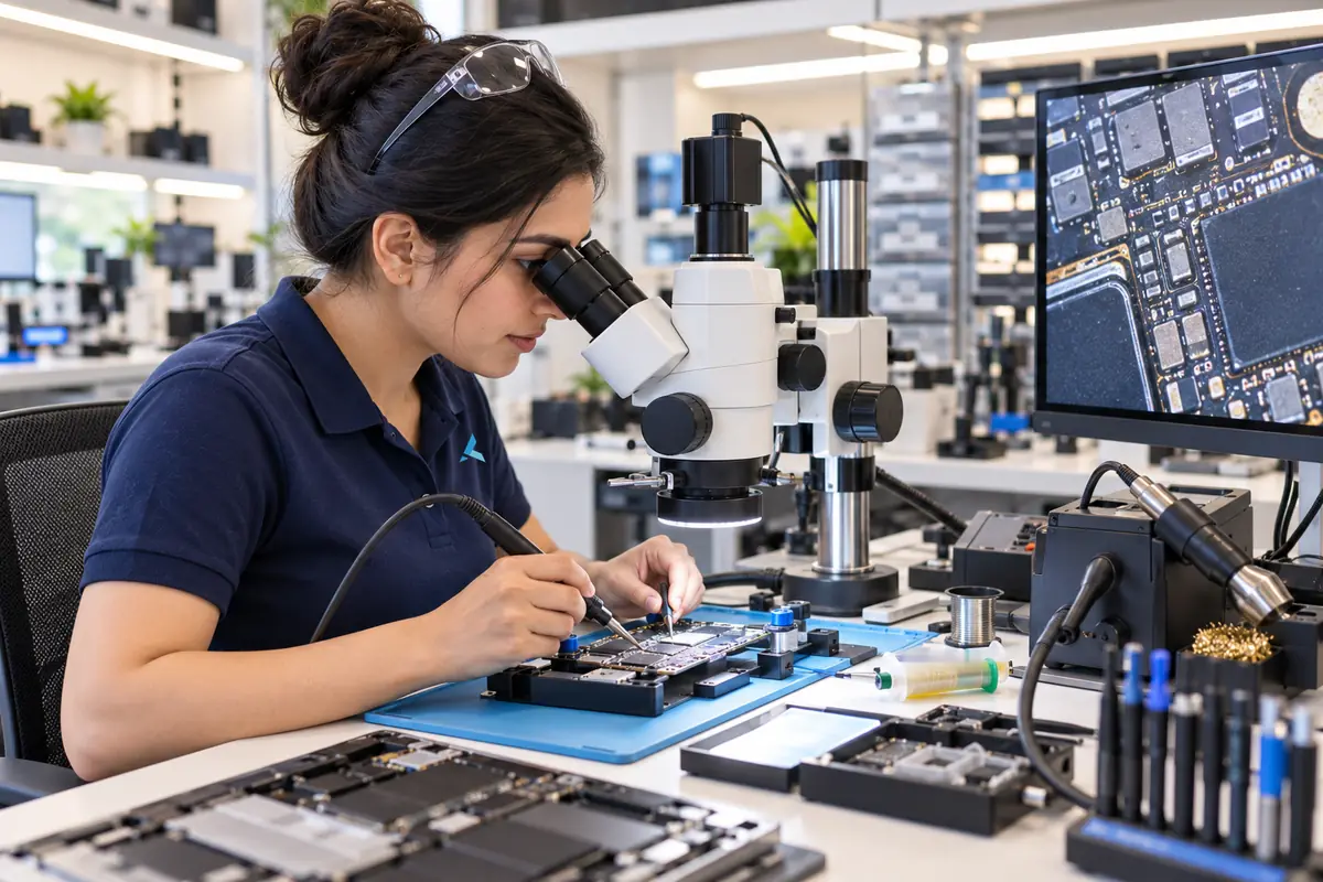 A technician micro-soldering a chip on a laptop logic board under a stereo microscope