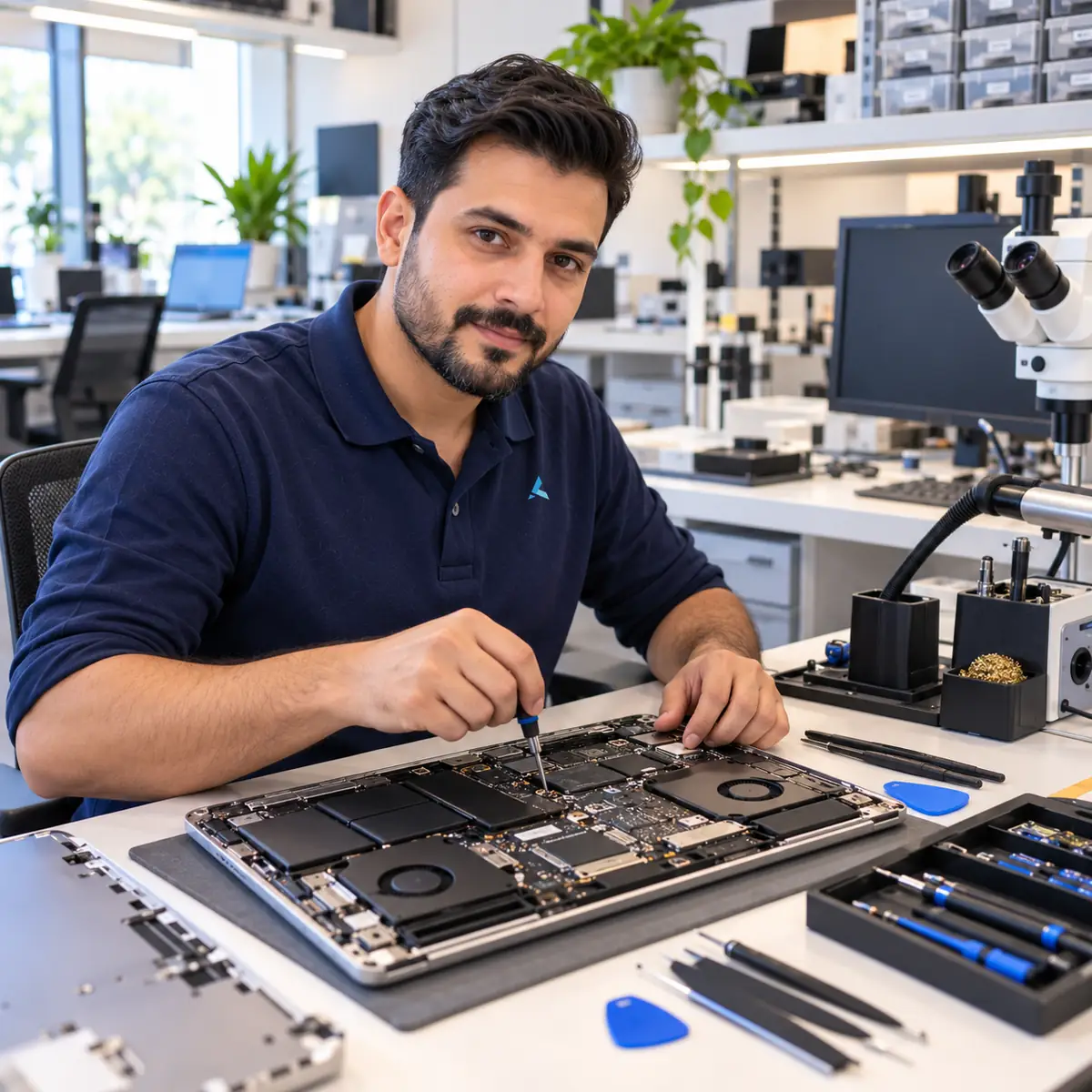 An Azizi technician working on the opened logic board of a professional laptop at the repair bench