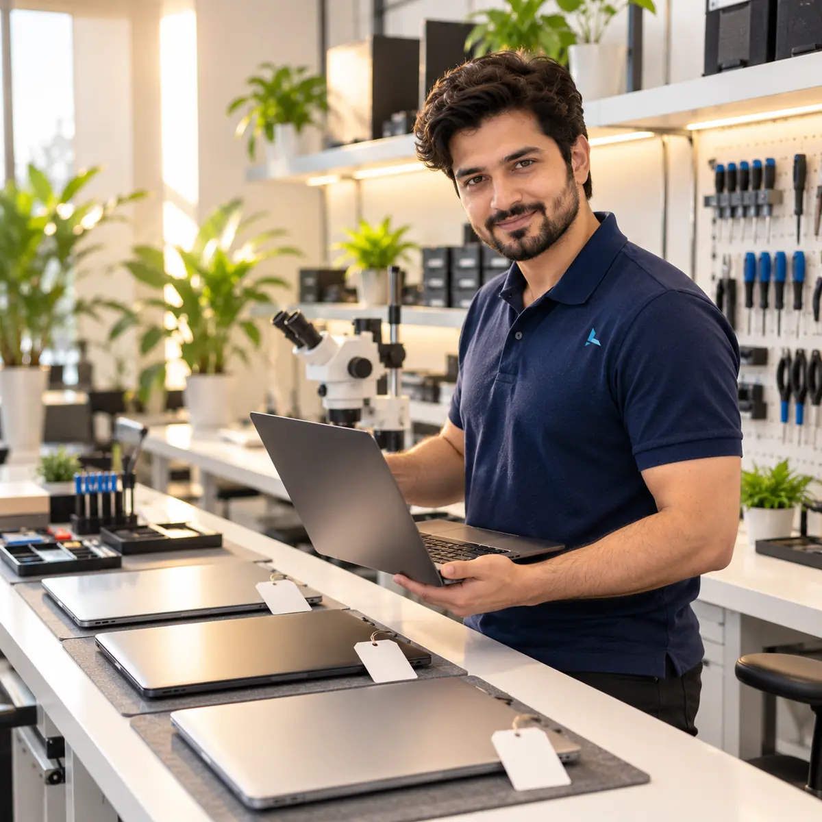 MacBook repair for Business Bay studios: Azizi technician with a tagged batch of MacBooks at the Dubai workshop
