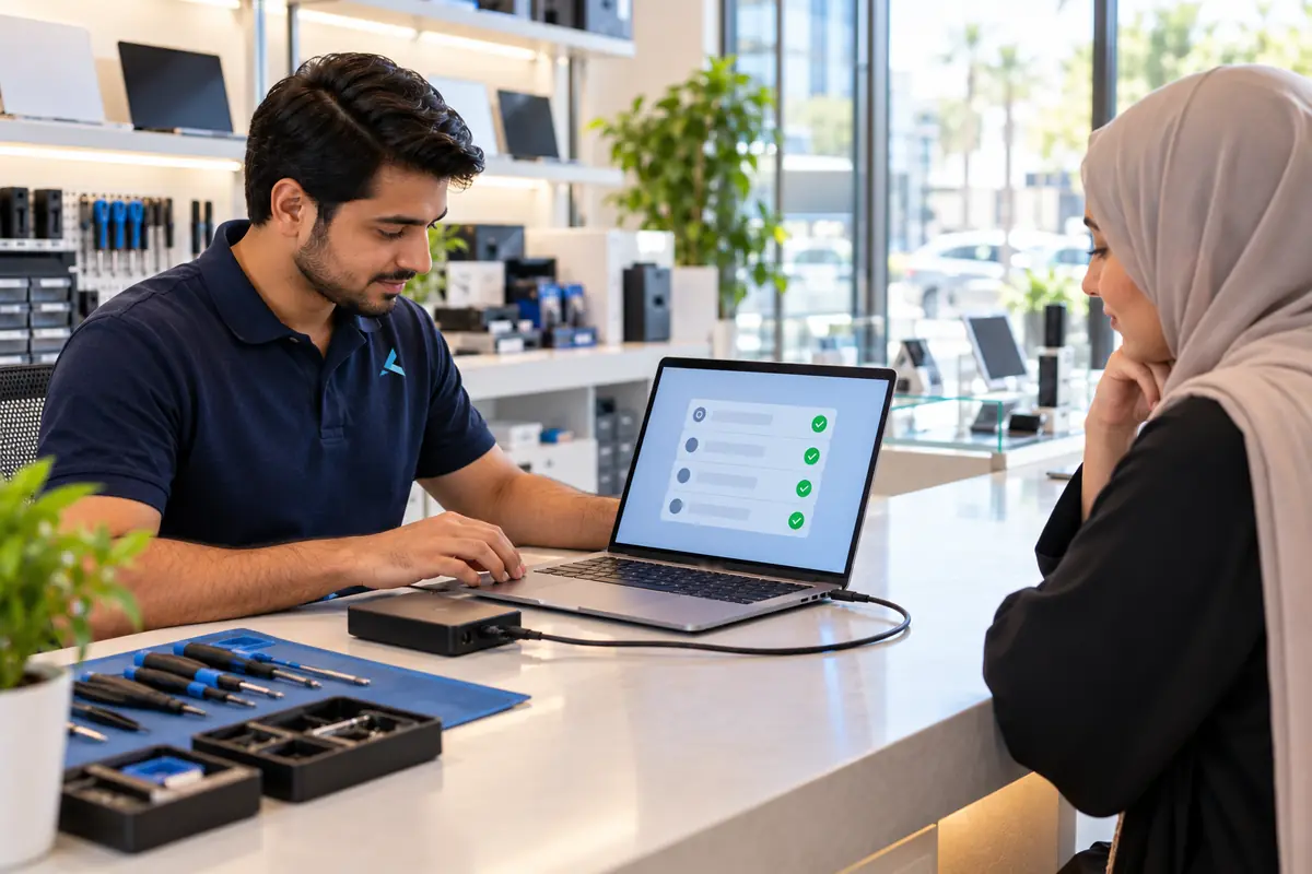 A technician running a free diagnosis on a customer's laptop at the counter