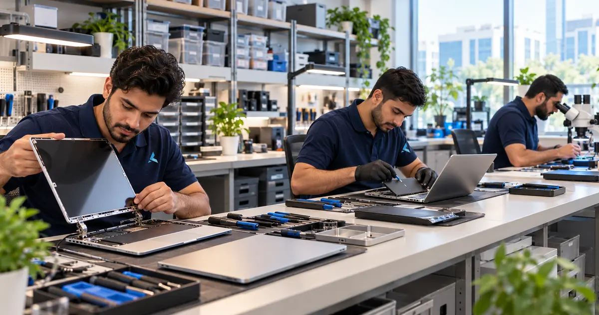 Three technicians at separate benches repairing laptops in house