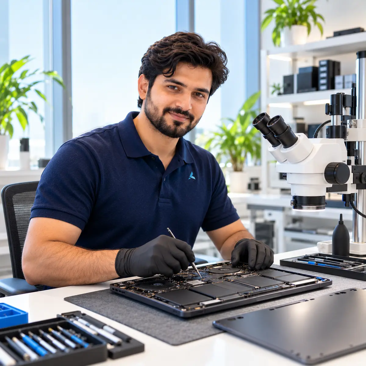MacBook repair near JLT, Dubai: Azizi technician at a microscope bench in the walk-in workshop