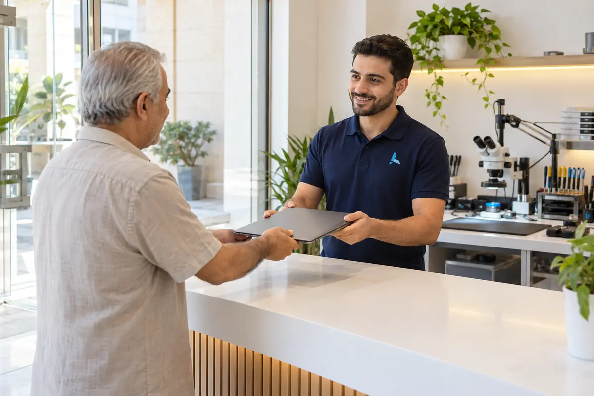 Walk-in customer handing his MacBook to an Azizi technician at the Bur Dubai repair counter