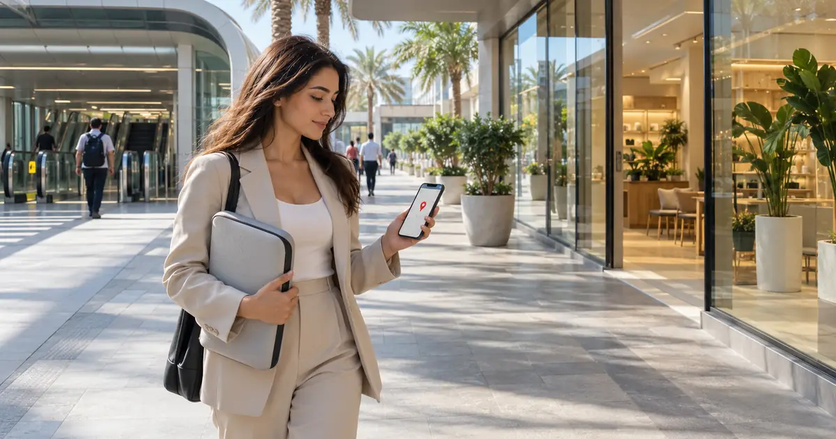 Customer walking from a Dubai metro station to the nearest Azizi MacBook repair hub, following a map pin on her phone