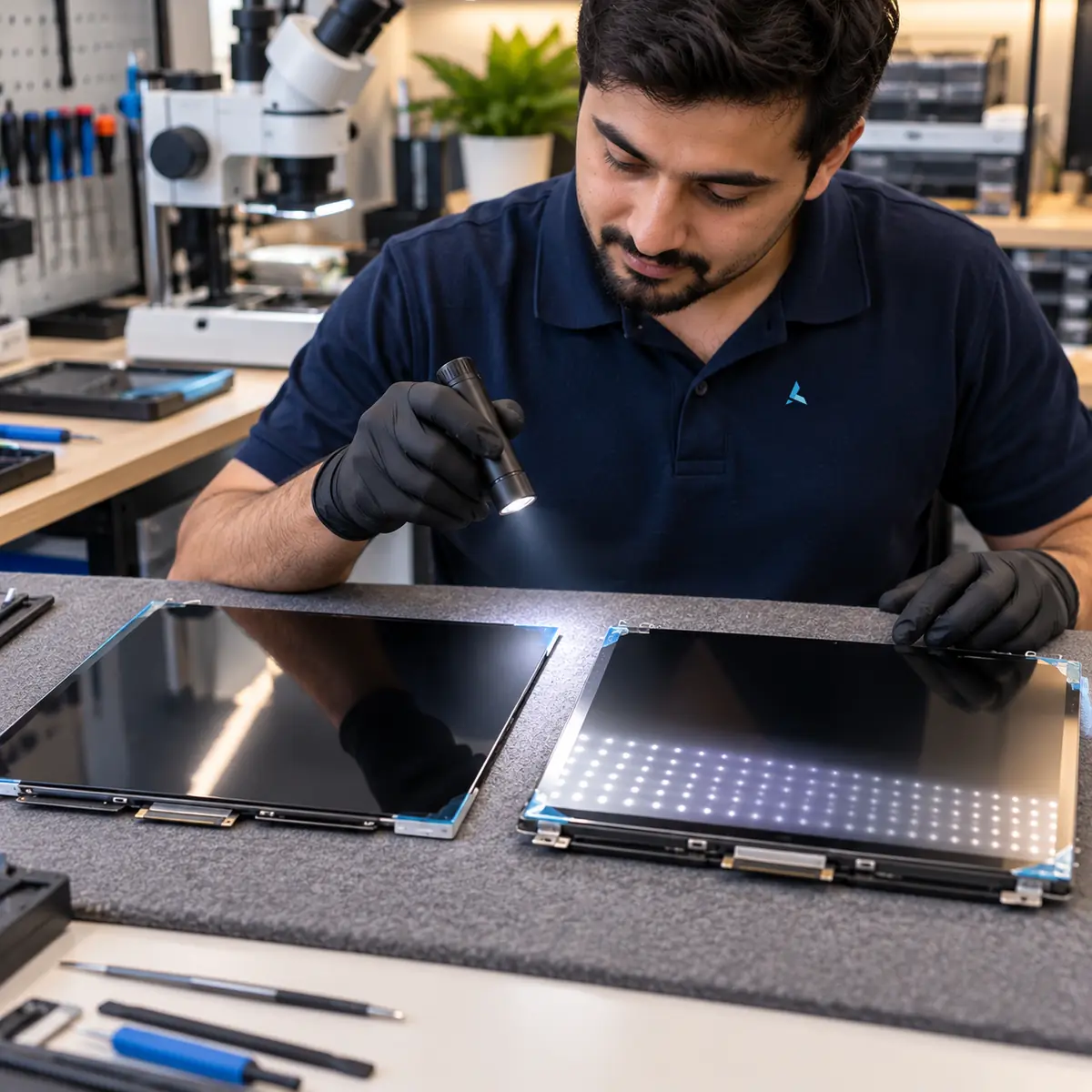 MacBook screen repair cost depends on the panel: Azizi technician comparing a Retina panel with a mini-LED panel