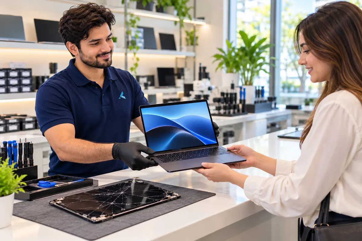 Azizi technician in Dubai handing back a MacBook Pro with a new screen, the cracked panel on the bench