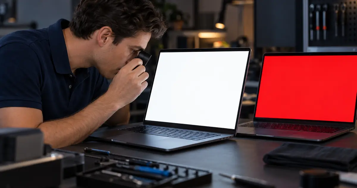 Azizi technician checking a newly fitted MacBook display for dead pixels with a loupe on white and red test screens