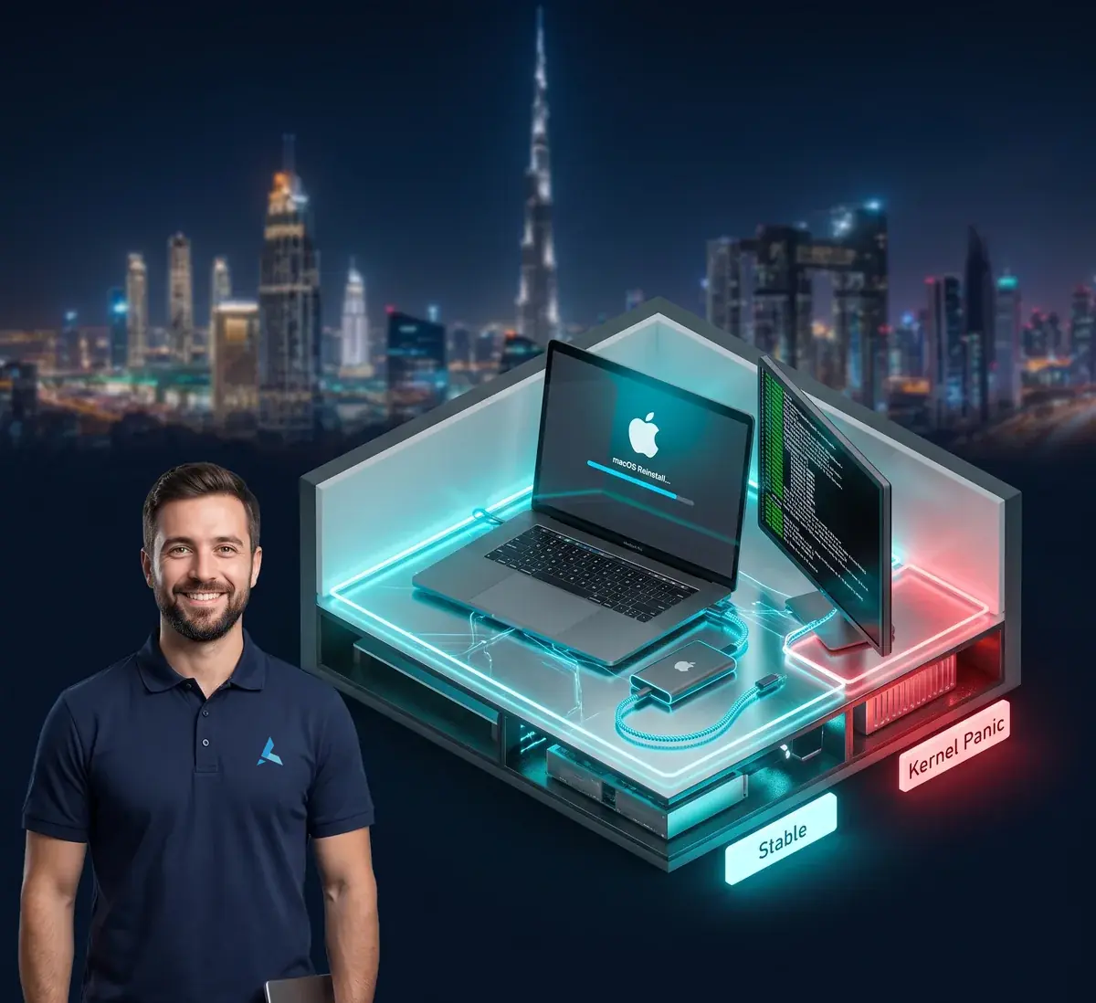 Isometric cutaway of a MacBook undergoing macOS reinstall and diagnostics at the Azizi Technologies software repair workshop in Dubai