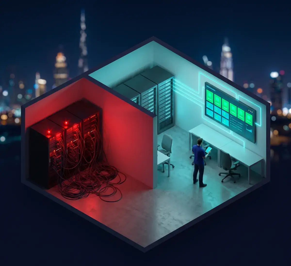 Azizi Technologies engineer monitoring a Dubai client estate, an unattended failing server on one side and a monitored rack with green status tiles on the other