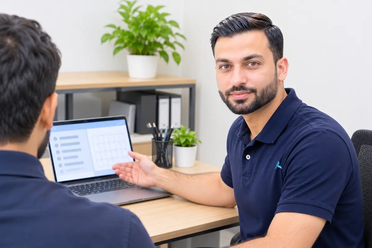 Aziz showing a colleague Outlook mail and calendar on a laptop during a handover