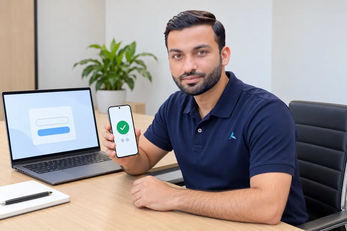 Aziz holding a phone that shows a green approval tick next to a laptop with a sign-in box, checking a login prompt