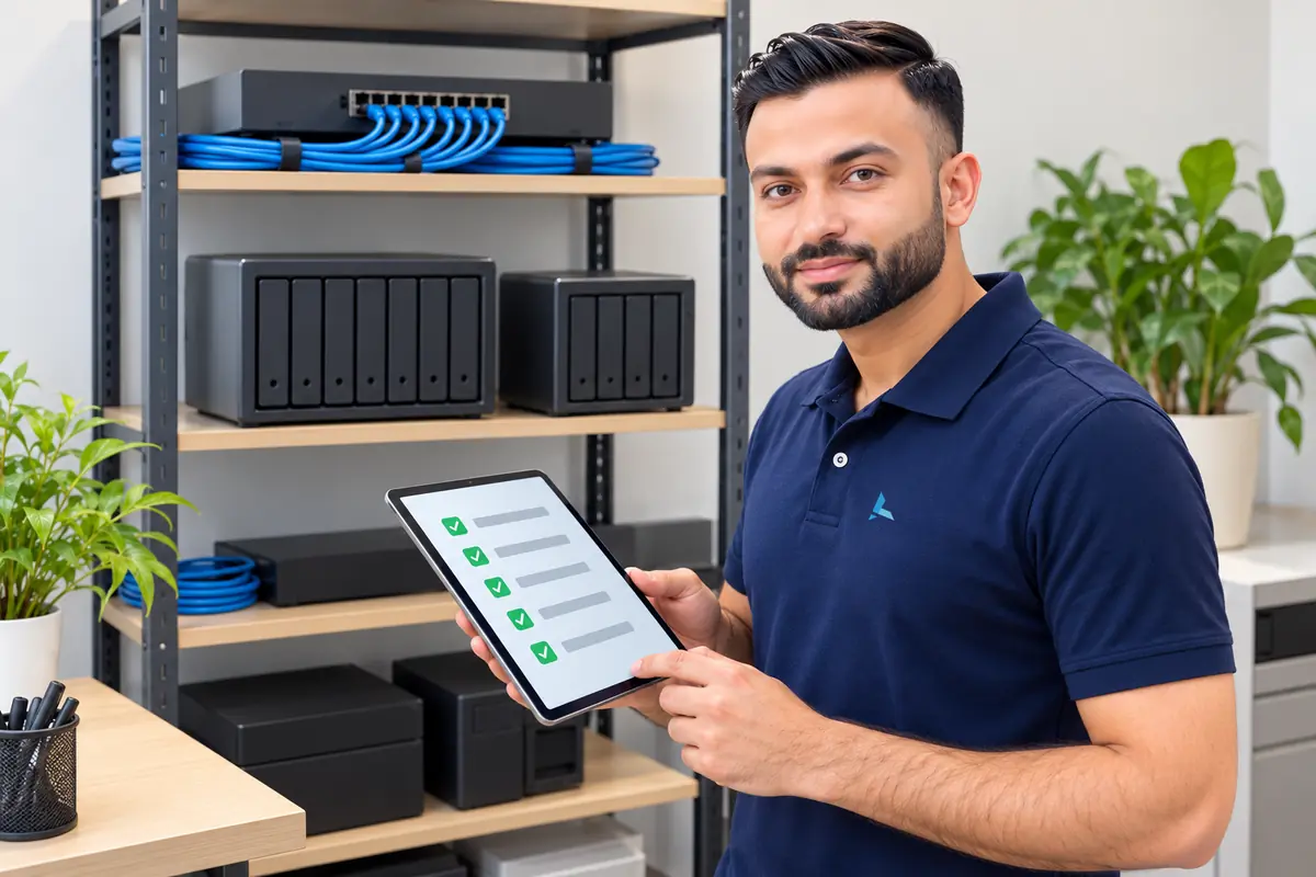 Aziz holding a tablet checklist in front of a shelf of storage units and a switch, reviewing a backup assessment