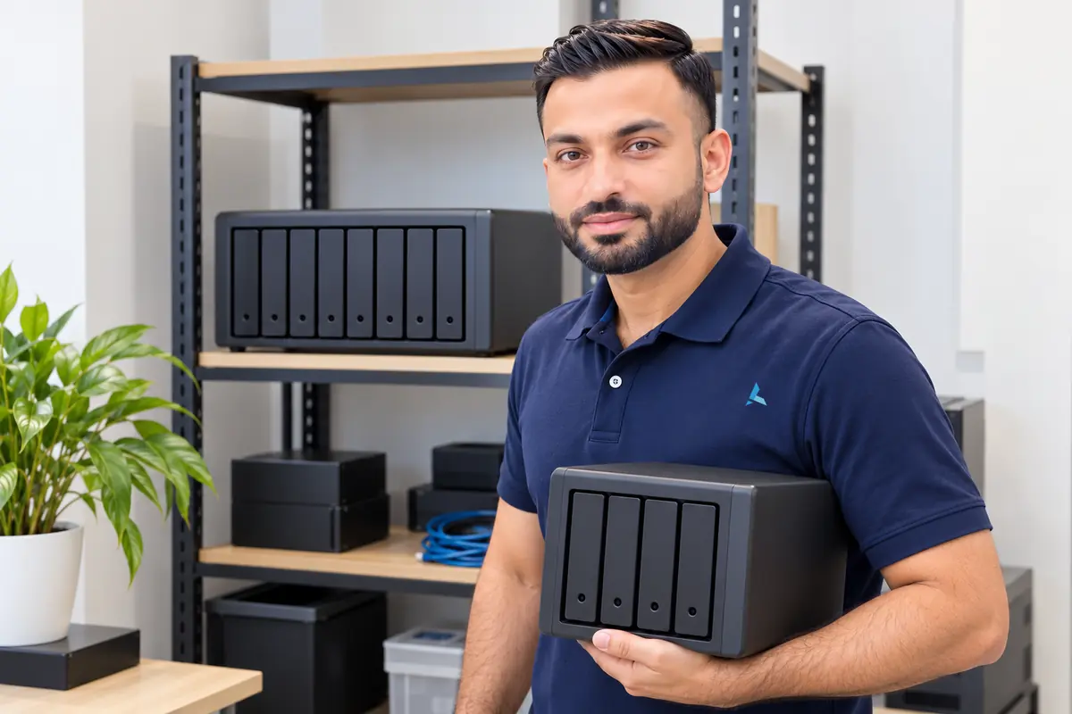 Aziz holding a four-bay network storage box with a larger eight-bay unit on the shelf behind him