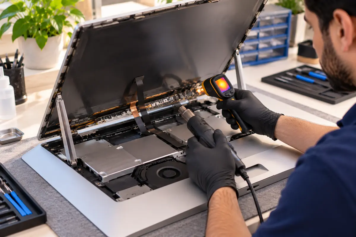 Azizi technician heat-testing an iMac display board to catch lines that appear only when warm
