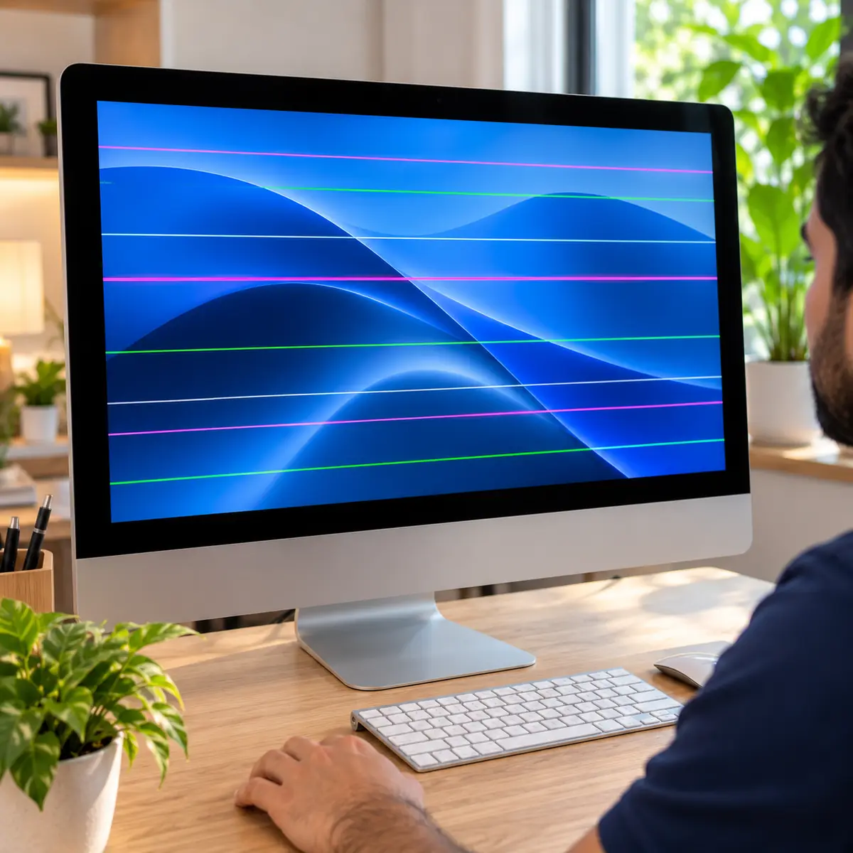 iMac screen with persistent horizontal coloured lines across the display