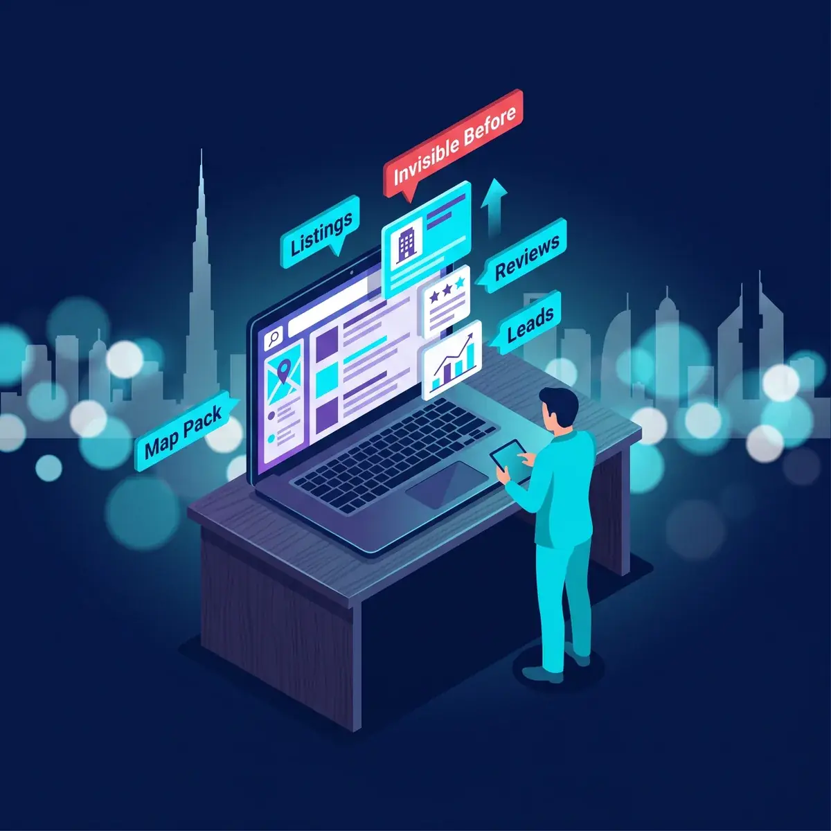 Azizi Technologies SEO services for a Dubai real estate company: a brokerage listing rising into the Google map pack with listings, reviews and leads highlighted
