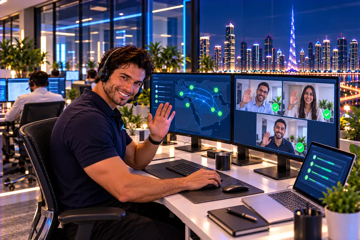 Engineer supporting a client team remotely on a video call, every user checked