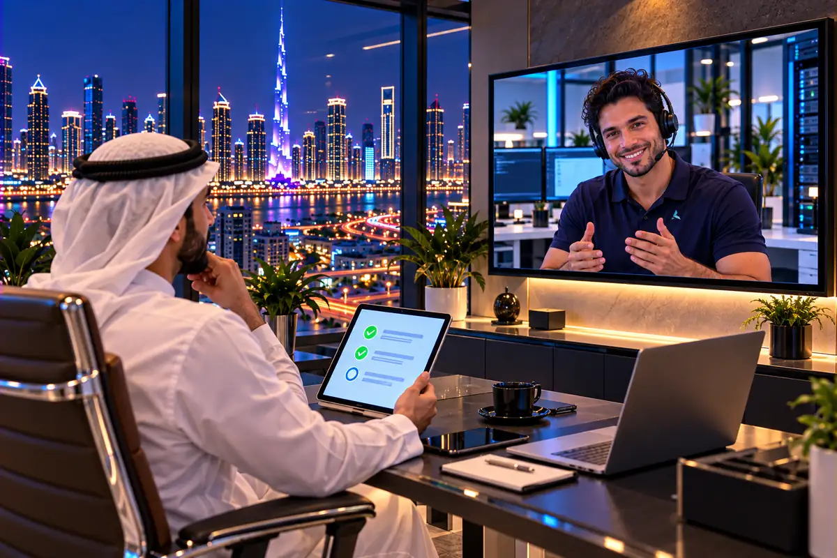Dubai business owner on a video call with the Azizi engineer, requesting a remote AMC quote