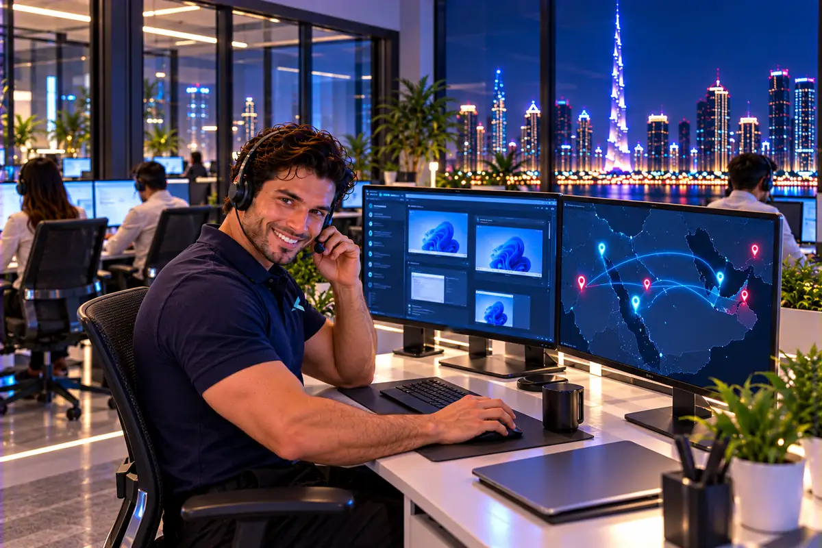 Azizi engineer at a remote IT support desk linking UAE and Saudi offices on a map