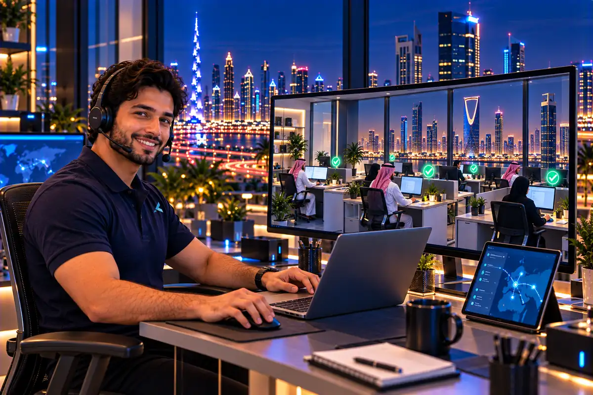 Azizi engineer in Dubai supporting a whole Riyadh office remotely, every desk checked