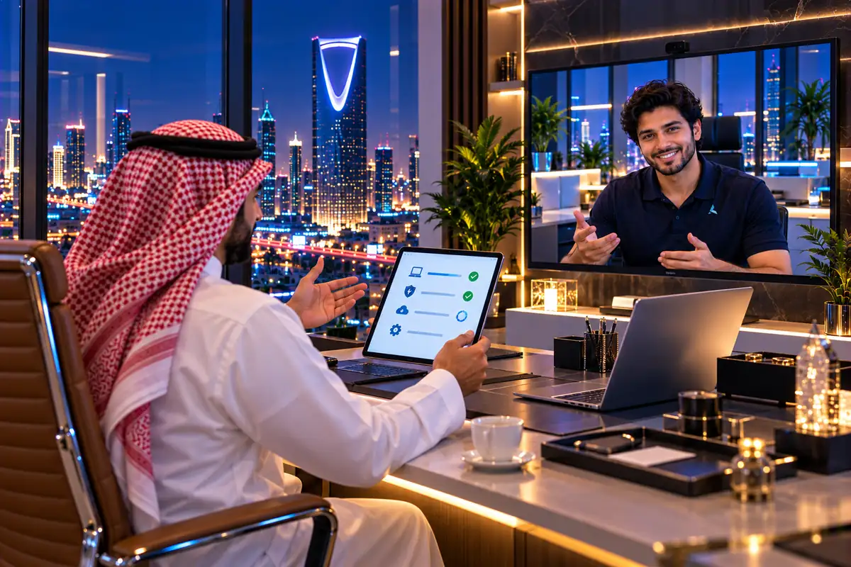Riyadh business owner on a video call with the Azizi engineer, requesting a Saudi remote AMC quote