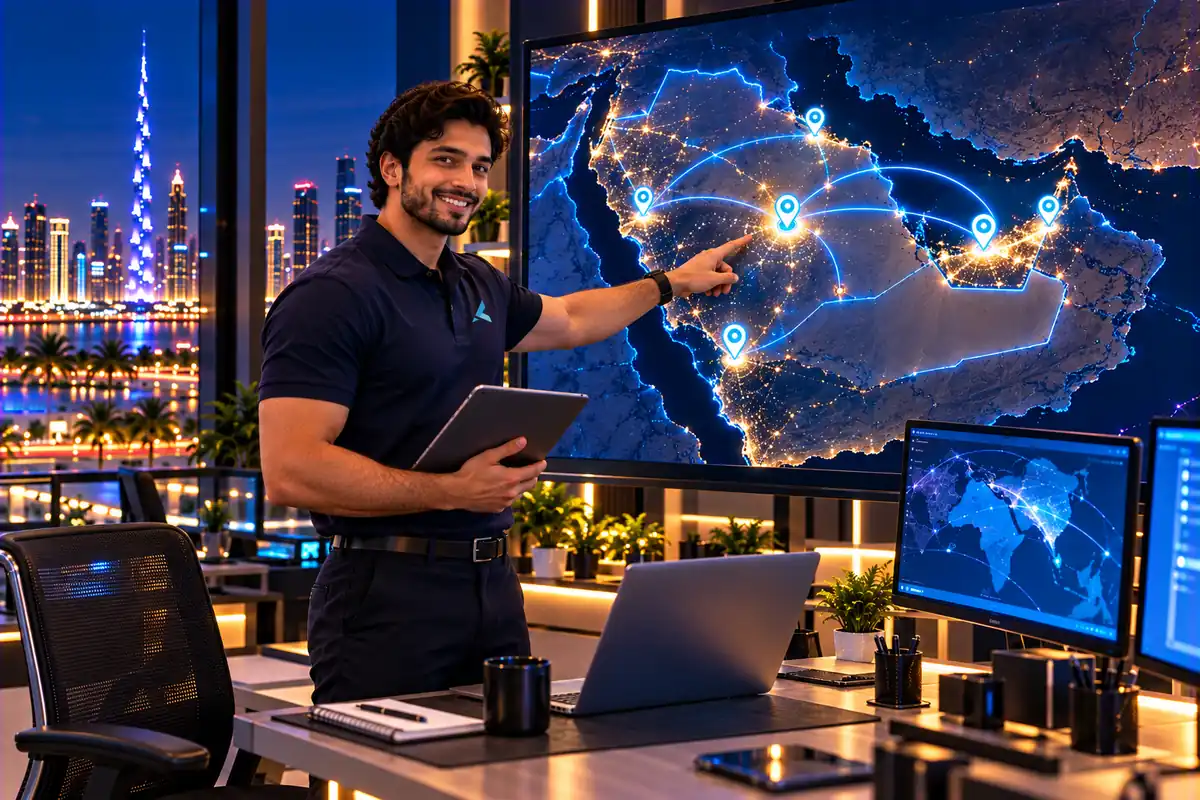 Engineer pointing to Riyadh on a map of linked UAE and Saudi offices covered by one remote AMC