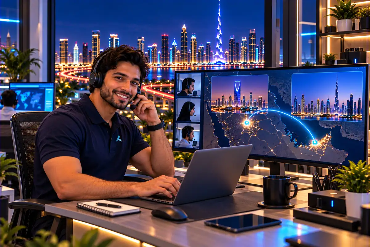 Azizi engineer at the Dubai remote support desk serving Saudi offices, Riyadh and Dubai linked on the map
