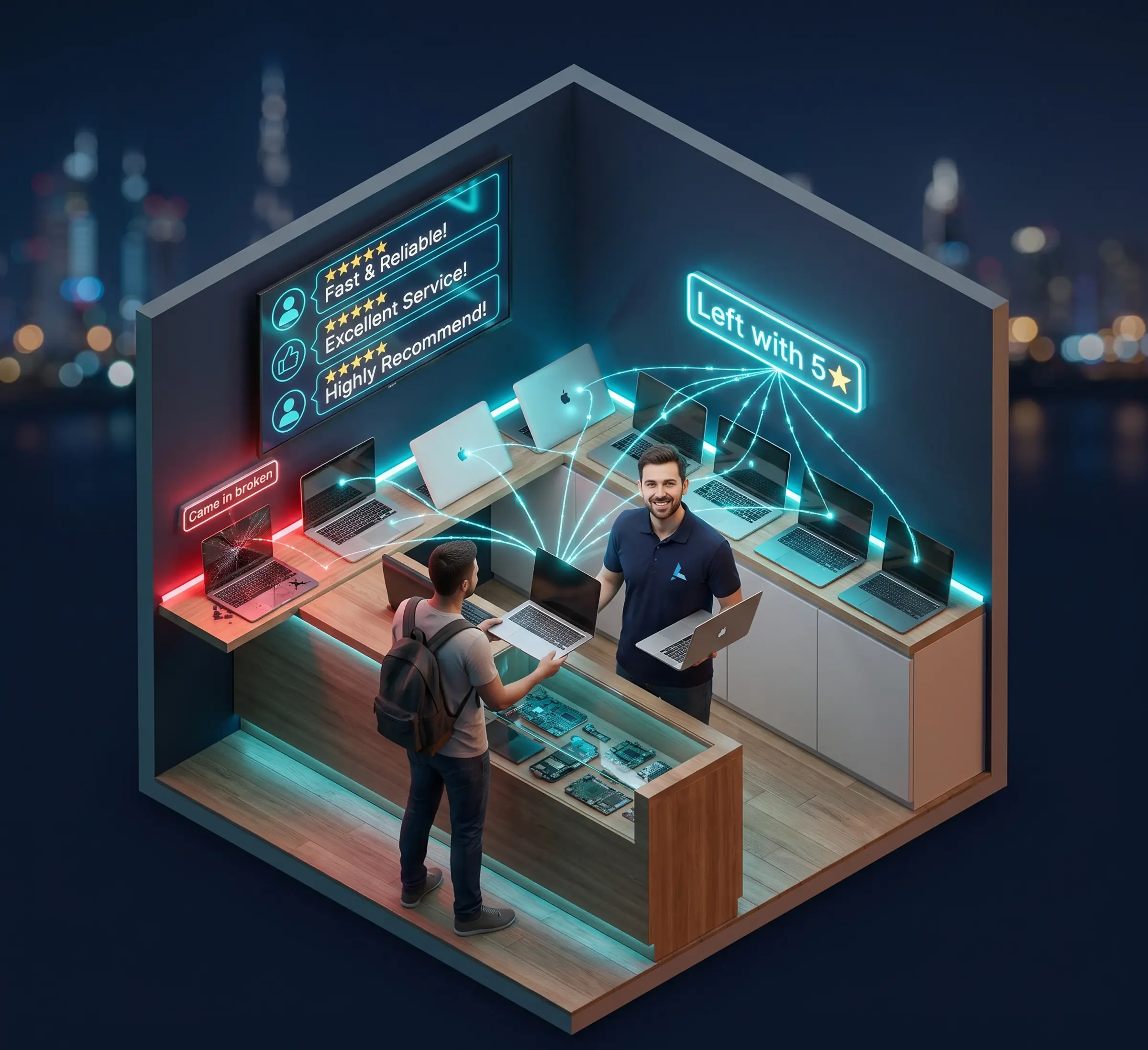 Isometric cutaway of the Azizi Technologies workshop counter in Dubai with customers collecting repaired laptops under a wall of five-star Google reviews