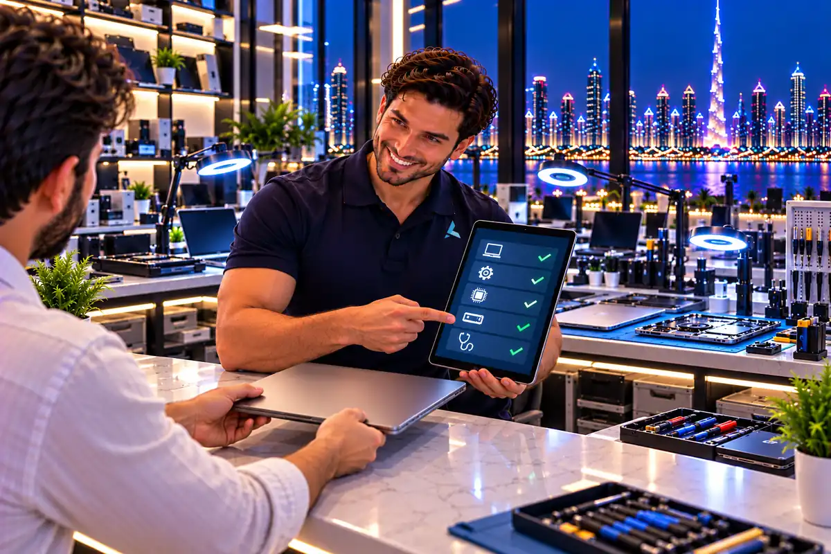 Customer handing a MacBook to the Azizi engineer at the repair counter for a written quote