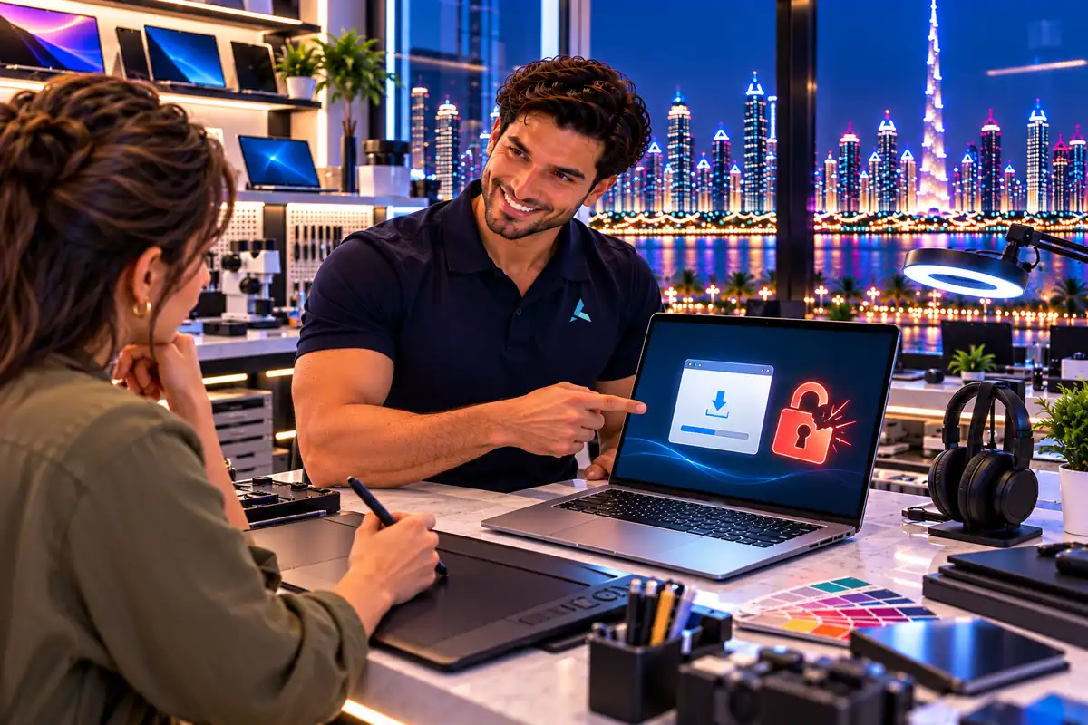Engineer showing a designer how a cracked installer breaks open the Mac's security on a MacBook Air