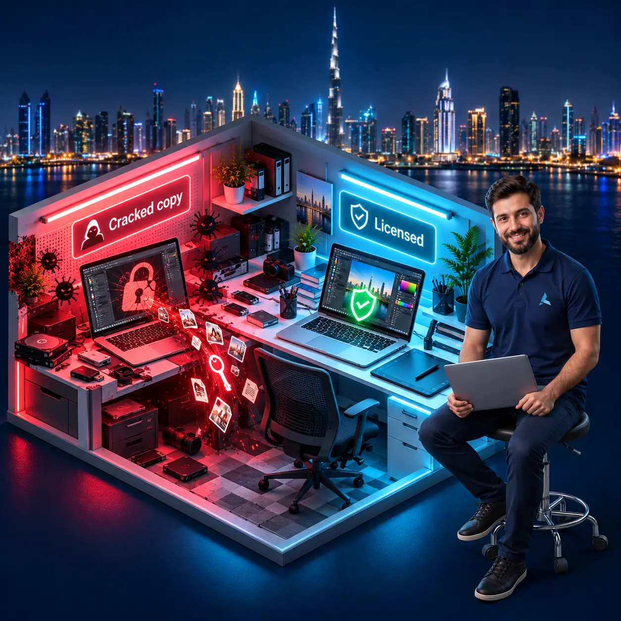 Isometric cutaway of two MacBook Air laptops in a Dubai design studio: a cracked photo editor leaking passwords and files on the red side, a licensed, signed editor behind a green shield on the cyan side, and an Azizi Technologies engineer