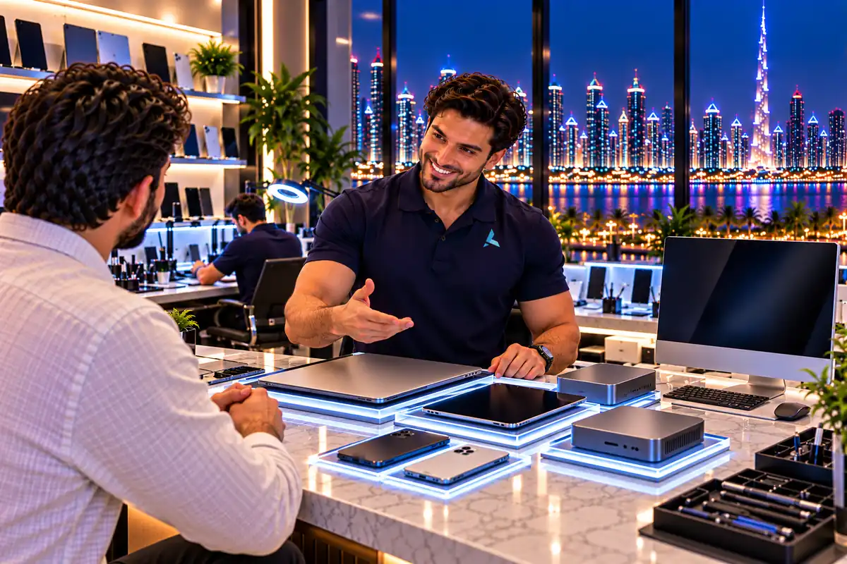 Azizi engineer welcoming a seller at a counter with a MacBook, iPad, iPhones, Mac minis and an iMac on lit trays