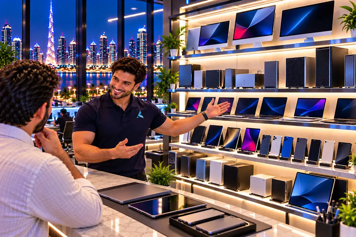 Shelves of iMacs, Mac minis, Mac Studios, MacBooks, iPads and iPhones behind the counter, the engineer showing a customer