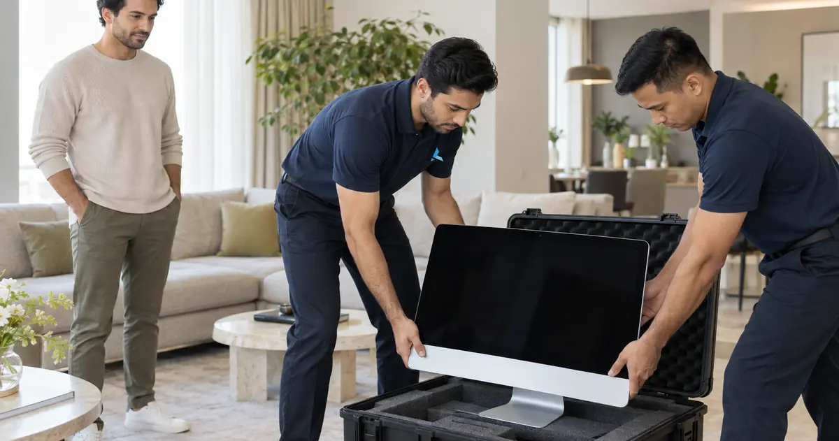 Azizi staff packing a customer's 27-inch iMac into a foam-lined case at his Dubai apartment for a buyback collection