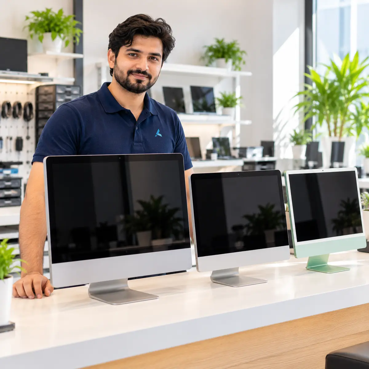 Sell your iMac in Dubai: Azizi technician with three used iMacs lined up for valuation