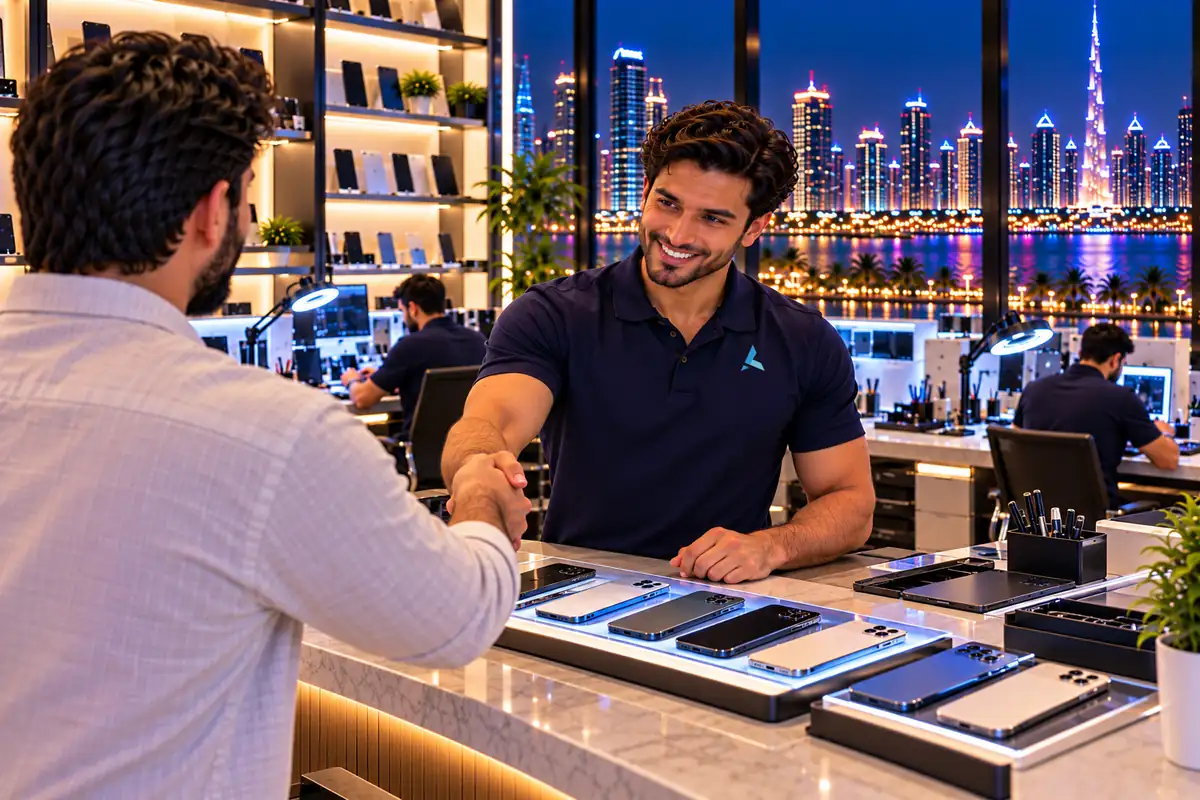 Azizi engineer greeting a seller at the iPhone buy-back counter in Dubai Media City, phones laid out on lit trays