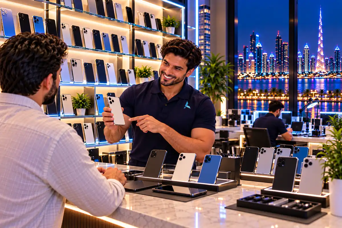Wall of iPhones on lit glass shelves behind the counter, the engineer showing one to a customer