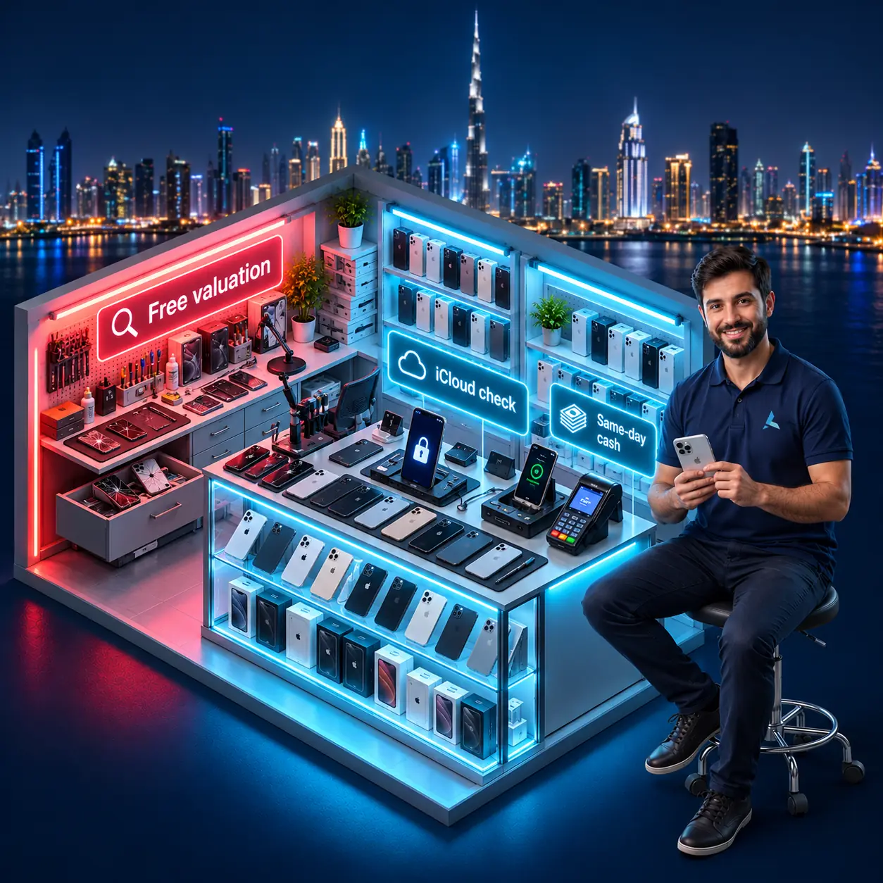 Isometric cutaway of a Dubai iPhone buy-back counter: phones on a lit inspection tray, an iPhone showing the iCloud lock check, a battery tester, a payment terminal for same-day cash, and an Azizi Technologies engineer holding an iPhone