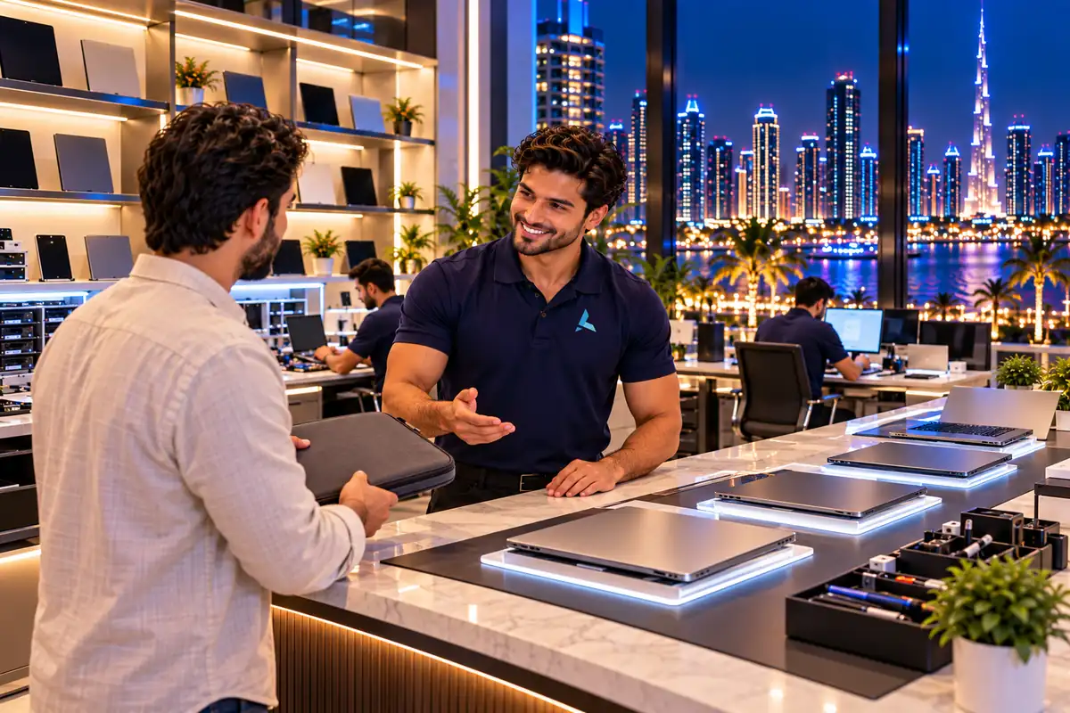 An Azizi Technologies engineer welcoming a seller at the Dubai MacBook buy-back counter, with laptops on lit inspection trays
