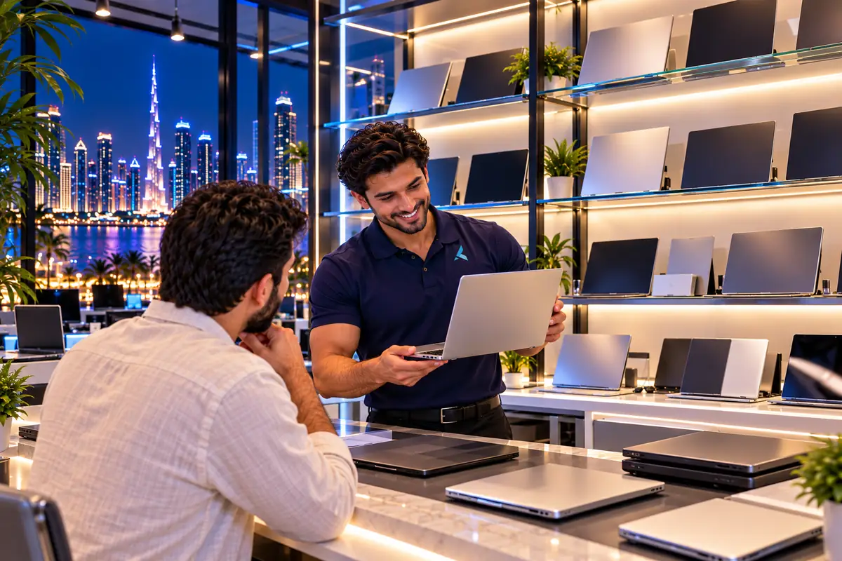 An Azizi Technologies engineer showing a customer one of the MacBook models bought at the Dubai counter, with a wall of laptops on lit shelves behind
