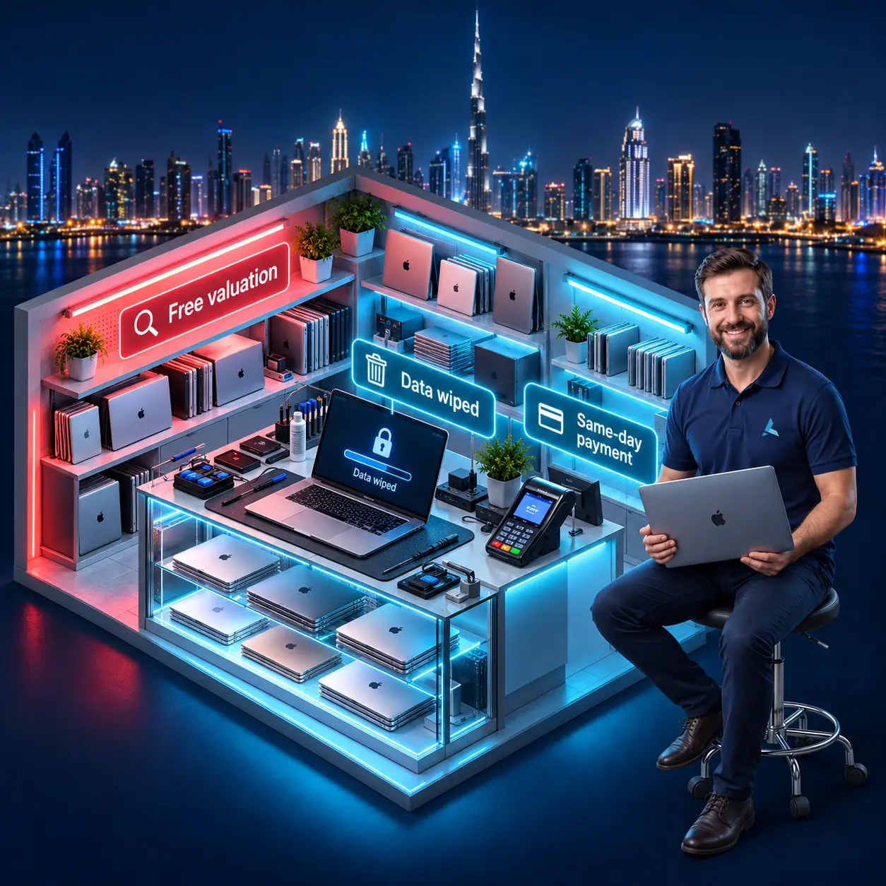 Isometric cutaway of a Dubai MacBook buying counter: free valuation shelf, a MacBook showing its data wiped, a card terminal for same-day payment, and an Azizi Technologies engineer holding a MacBook
