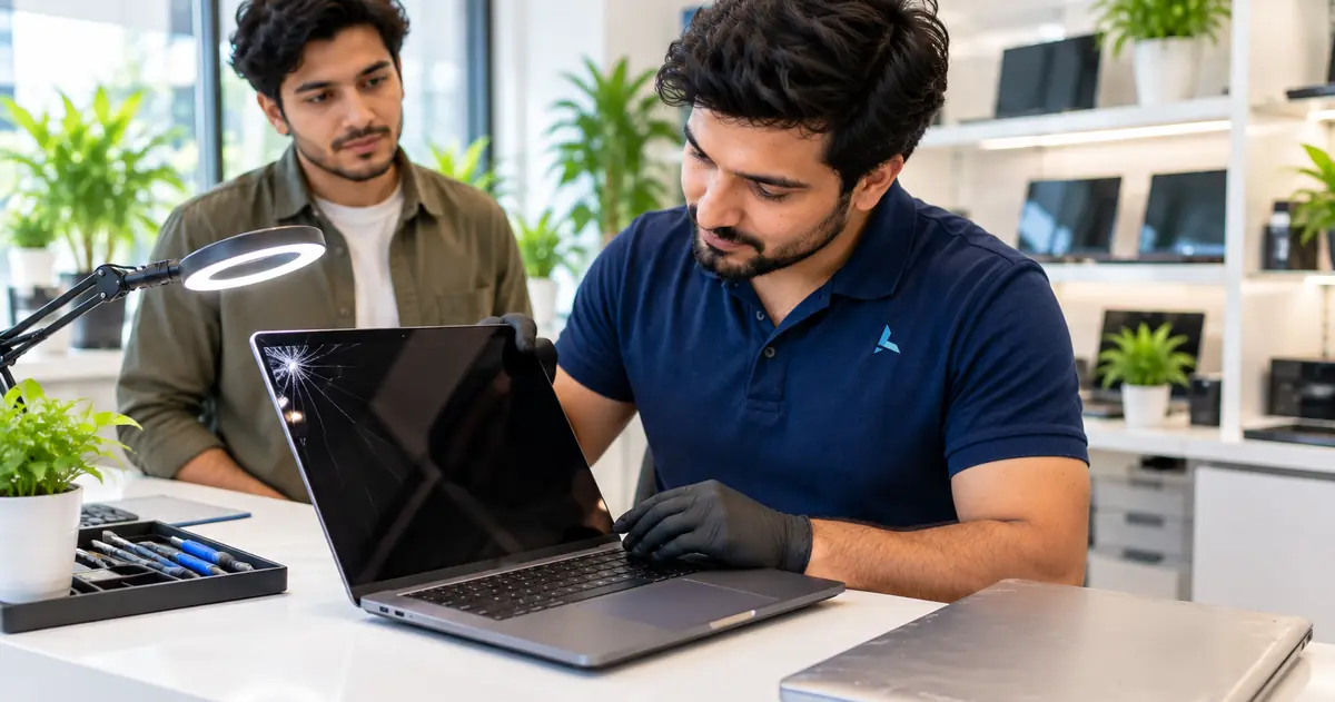 Azizi technician in Dubai inspecting a MacBook Pro with a cracked screen for a buyback offer while its owner waits