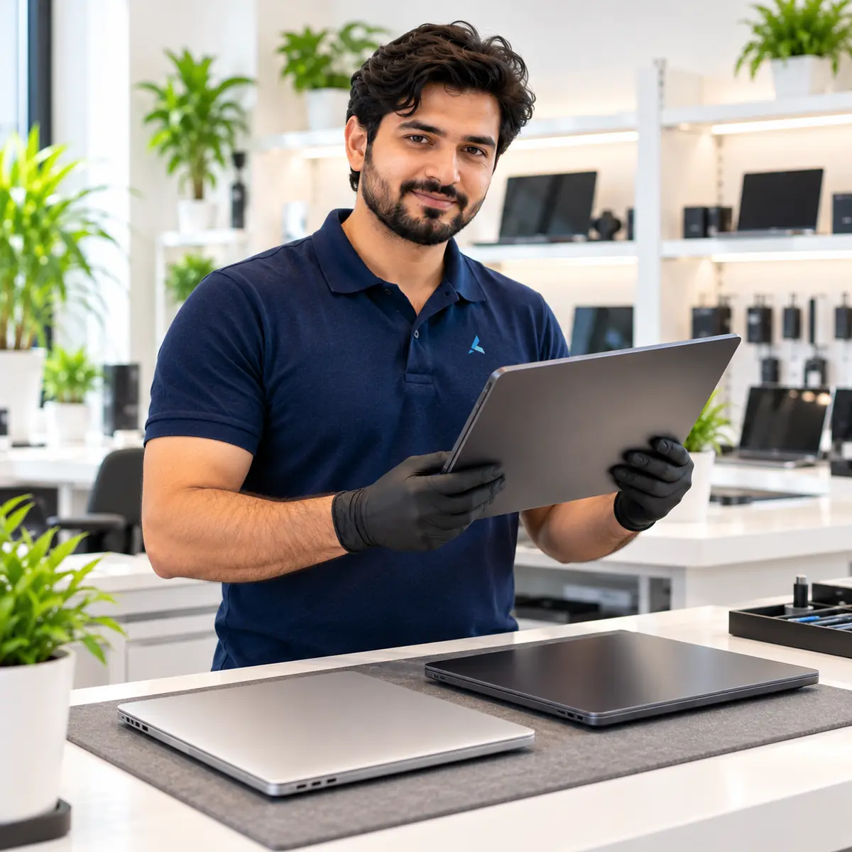 Sell your MacBook Pro in Dubai: Azizi technician inspecting a MacBook Pro at the buyback counter