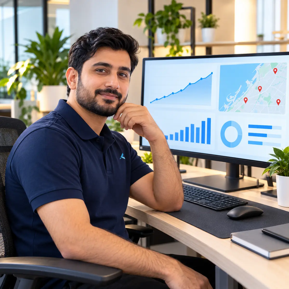 SEO services in Dubai: Azizi specialist with a rising search traffic chart and local map pins