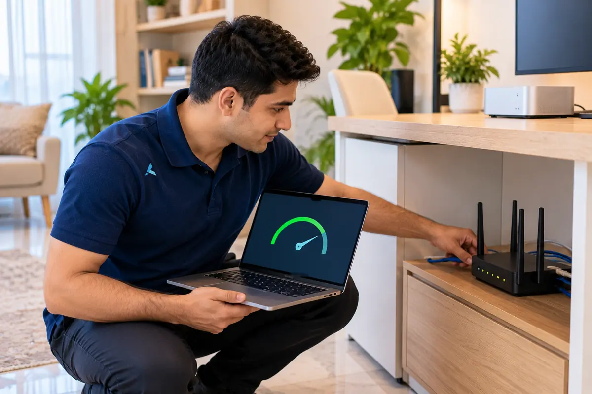 A technician checking download speed at the home router with a laptop on his knee