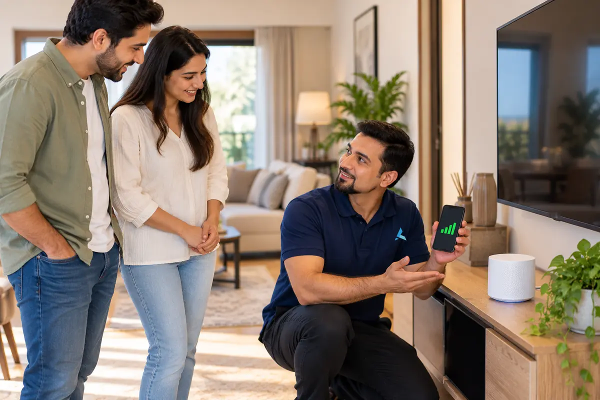 A WiFi engineer showing a couple the signal from their new mesh unit