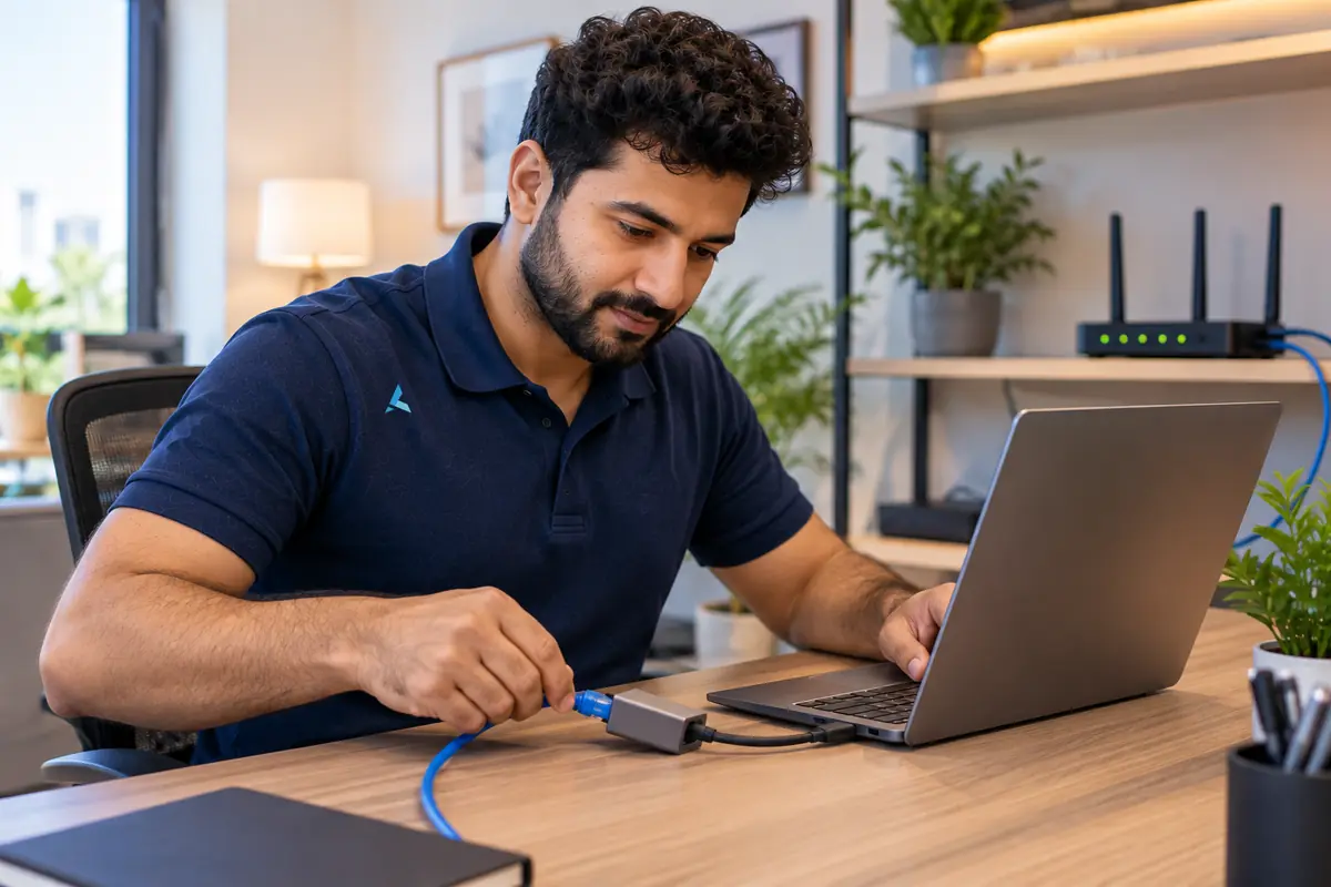 An Azizi technician plugging an ethernet cable into a laptop to test a wired connection first