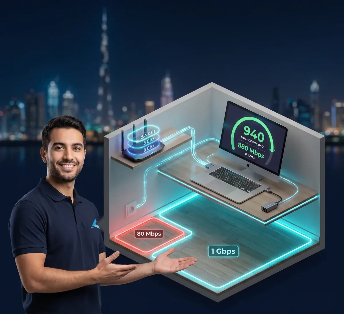 Isometric cutaway of a Mac speed test beside a router in a Dubai apartment, showing the gap between plan speed and real download speed